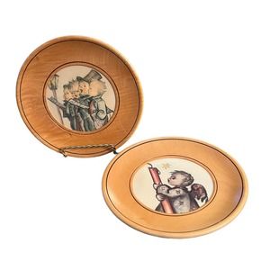 2 Vtg Hummel ARS Edition 6” Wooden Frame Decorated Wall Plates Christmas Themed
